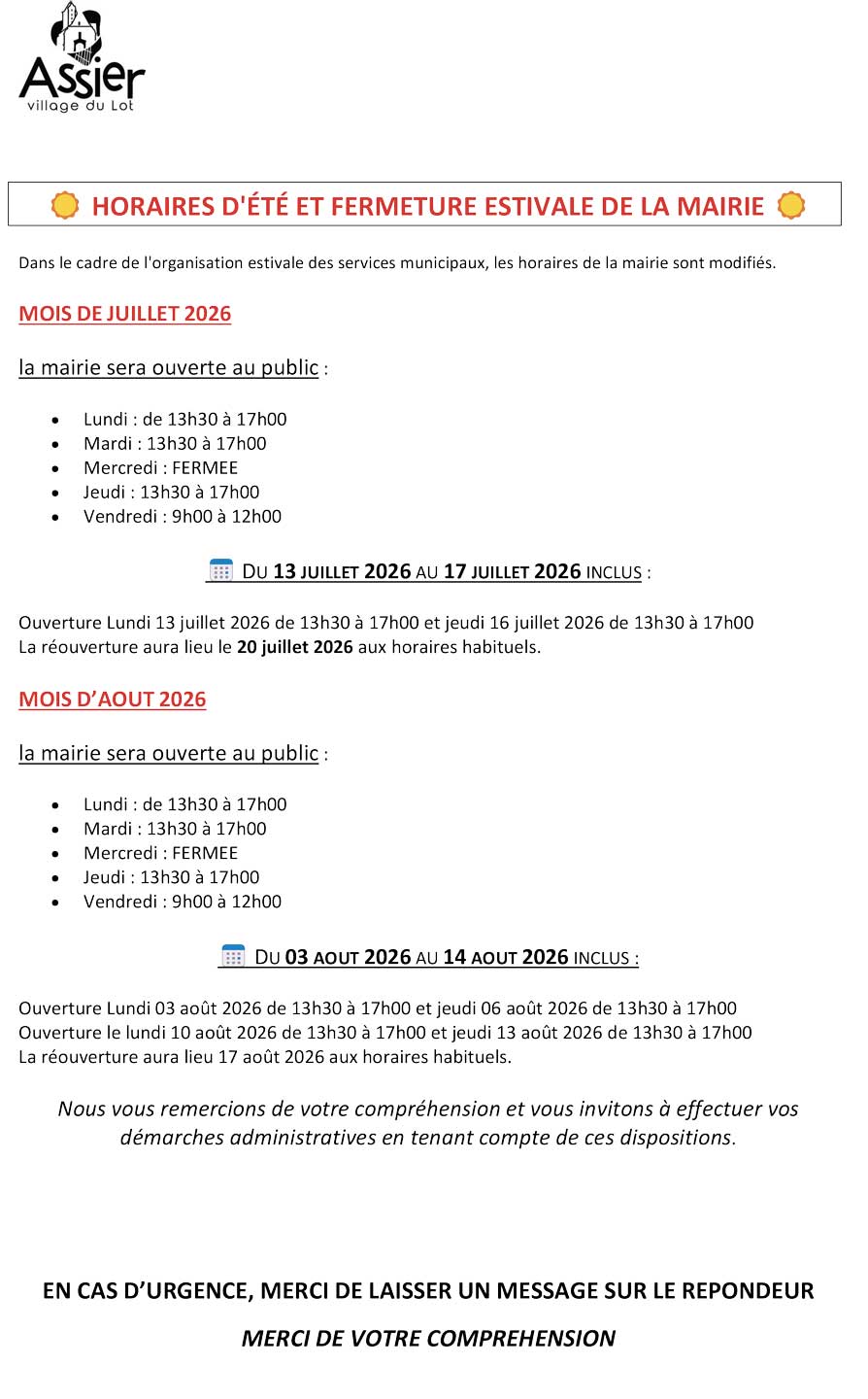 Horaires d'été 2026