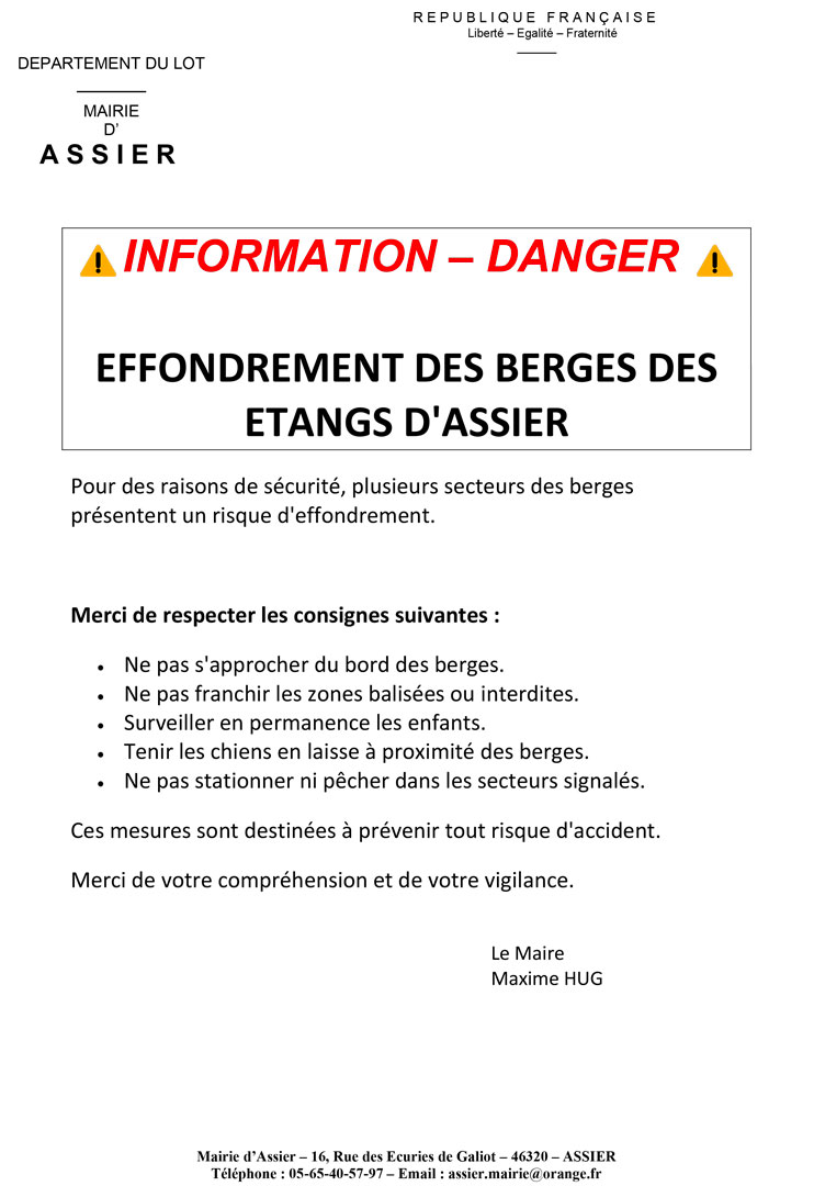 Étangs d'Assier danger